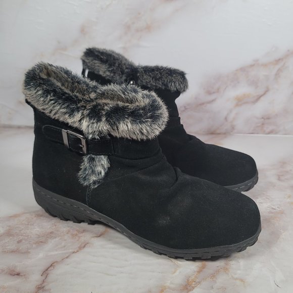 Khombu Black Suede Hiking Winter Booties w/ Fur Trim - Picture 1 of 9